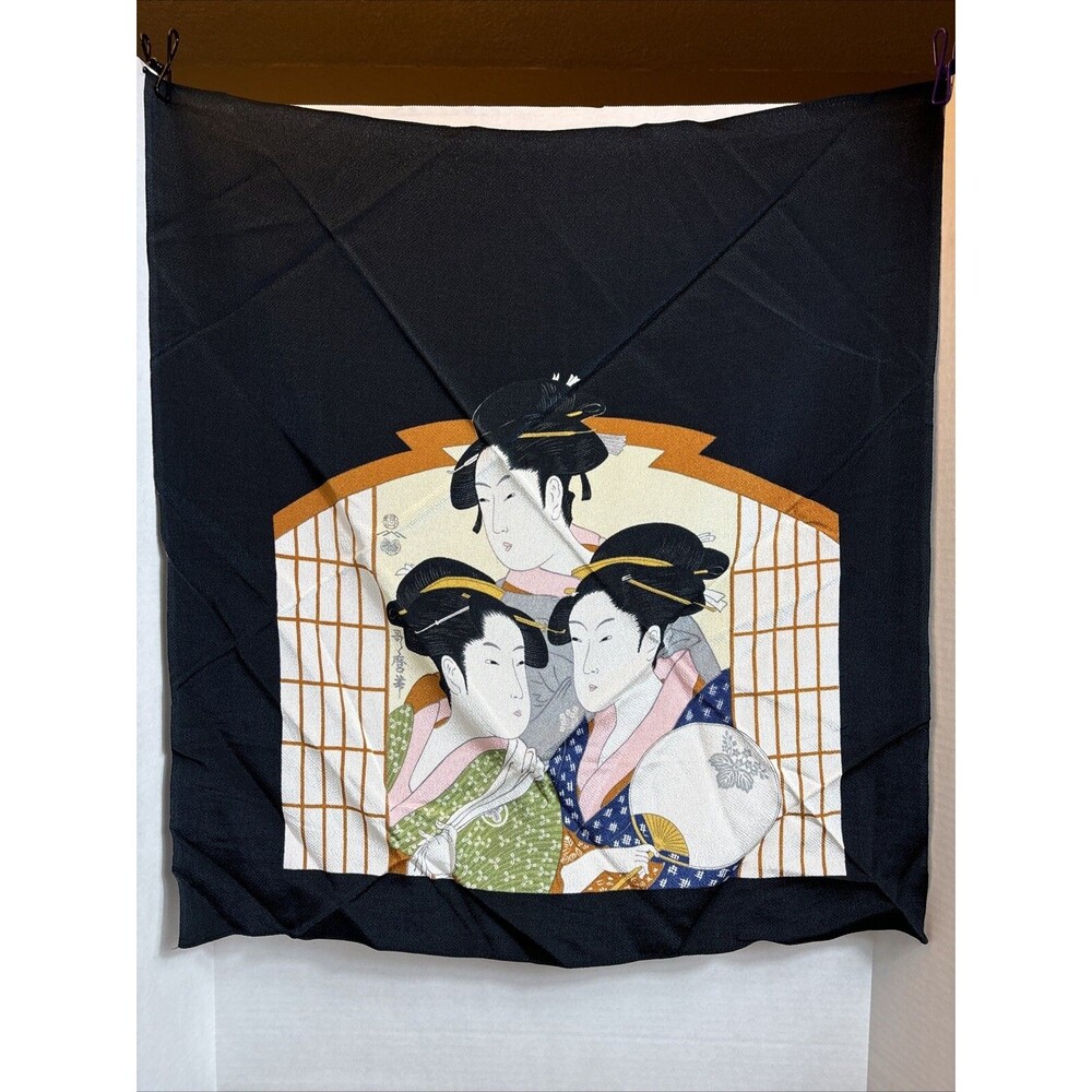 Ukiyo-E Furoshiki Vintage, Japanese, Black, Rayon, Three Geisha Theme 27” X 27”